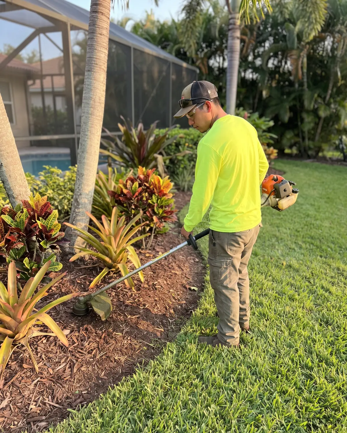 Landscaper in a high-visibility shirt edging a lawn with a string trimmer beside a mulched tropical planting bed
