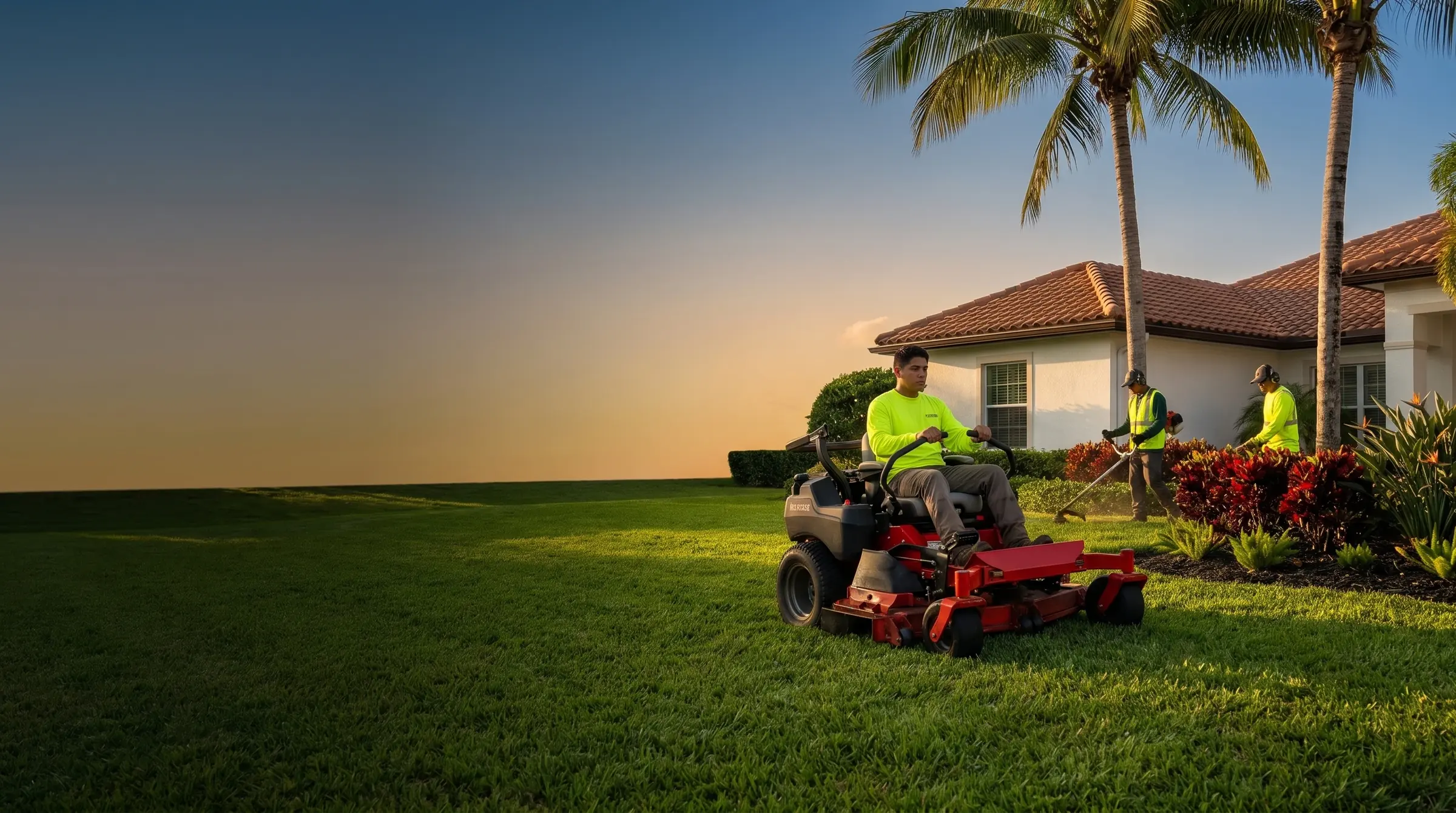 Freshly mowed lawn, palm trees and tropical planting beds in front of a white Mediterranean-style South Florida home