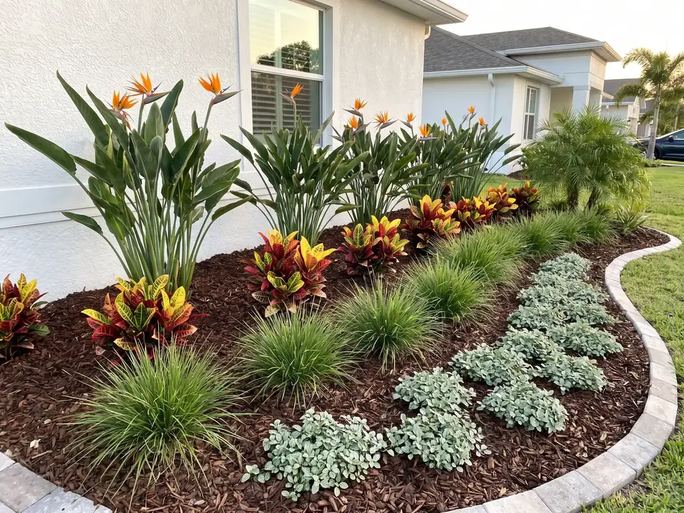 Newly designed tropical front garden with layered crotons, bird of paradise and ornamental grasses