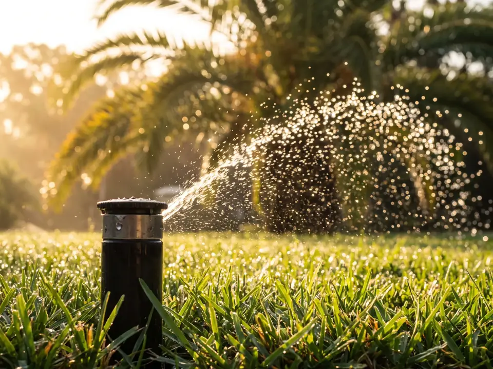 Pop-up sprinkler head spraying an even arc of water over a green lawn in morning light