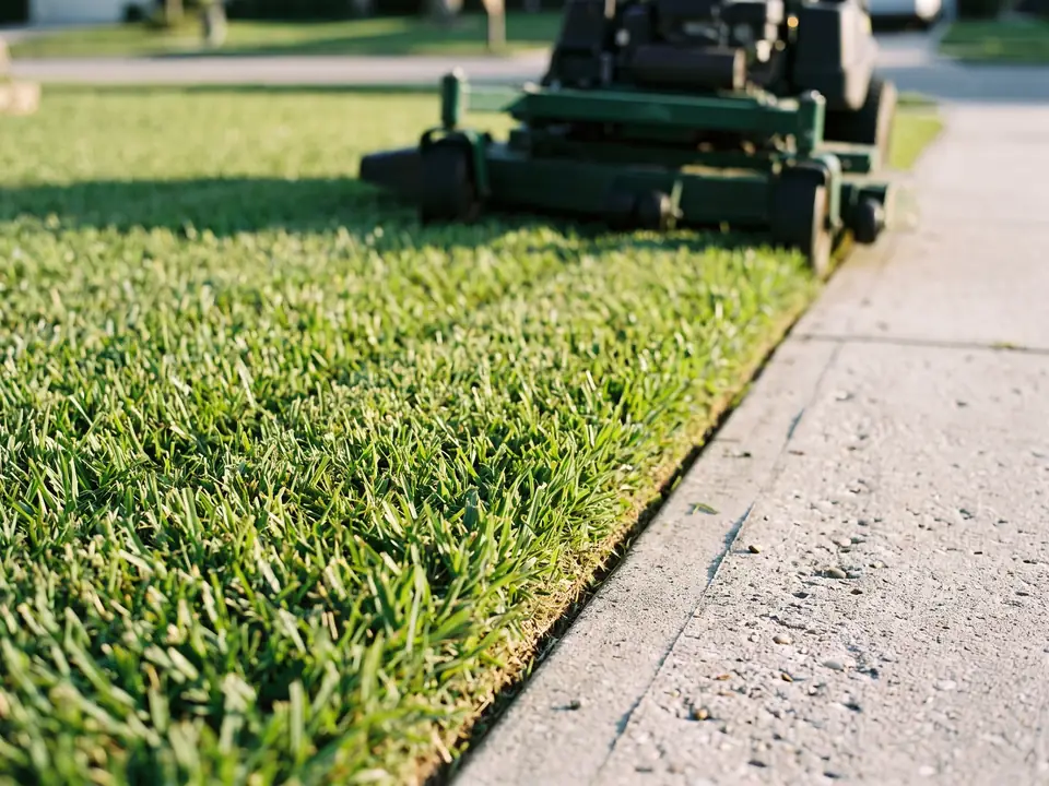 Freshly mowed St. Augustine lawn with clean striping and a sharp edge along a concrete walkway