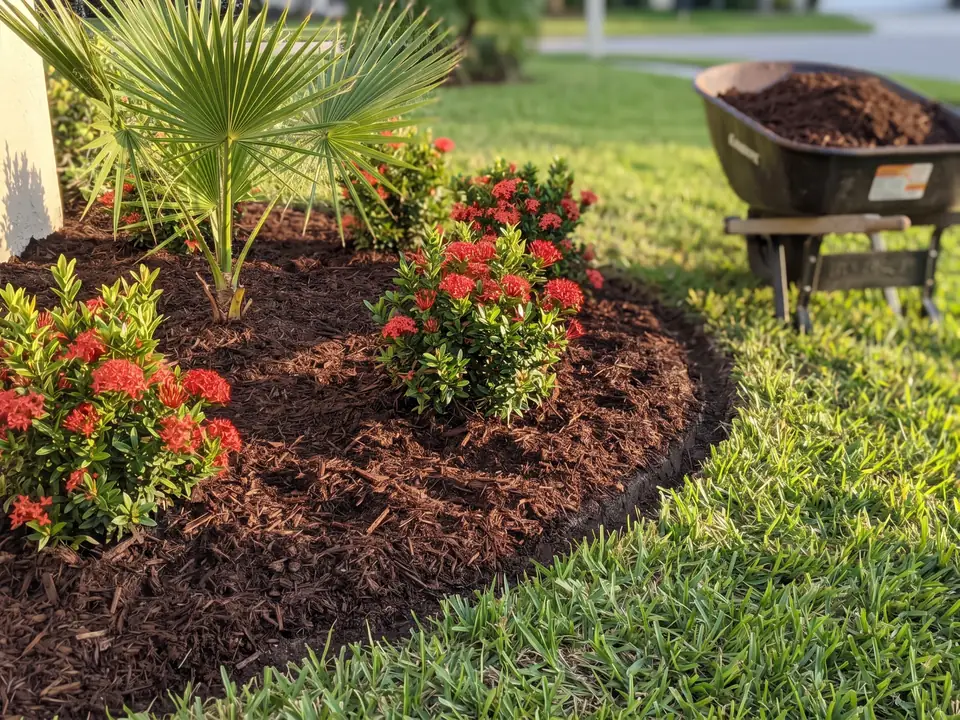 Garden bed freshly topped with dark brown mulch around flowering ixora and a clean curved edge