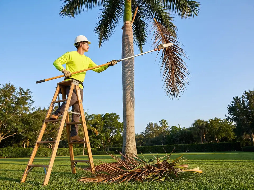 Landscaper on a ladder trimming dead fronds from a tall royal palm against a blue sky